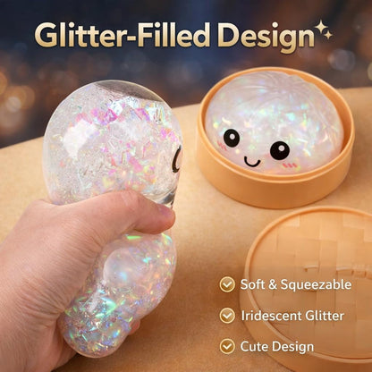 4pcs Glitter Dumpling Squishy with Steamer Box, Slow Rising Soft TPR Fidget Toy