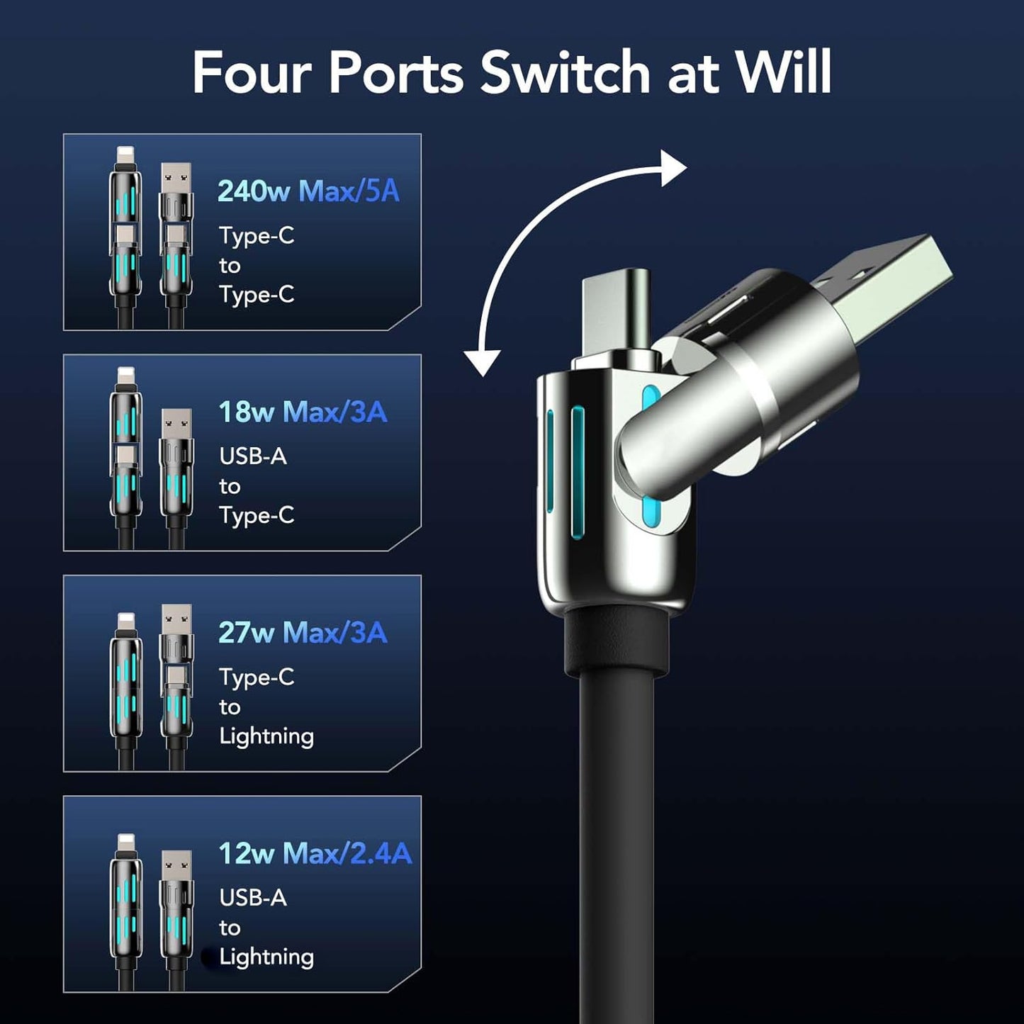2pcs/set 4-in-1 USB Charging Cable Fast Charging MAX 240W