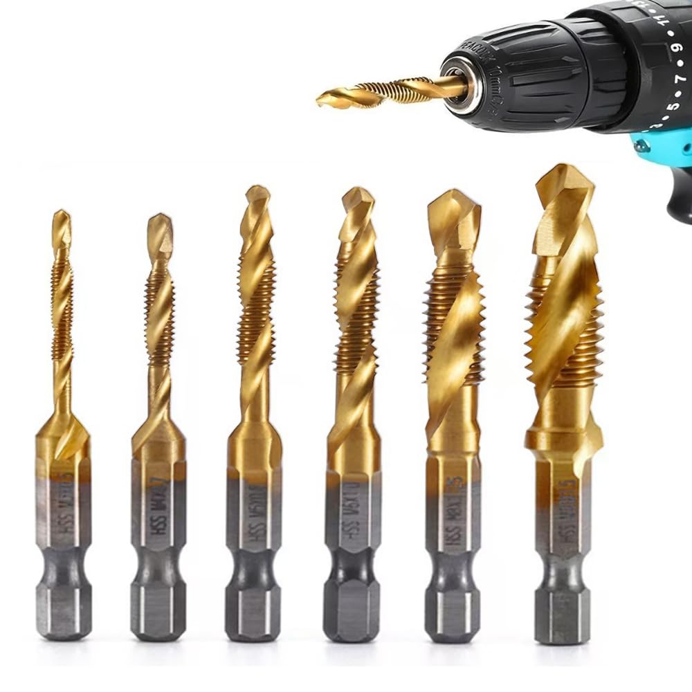 6pcs HSS Combination Drill and Tap Set - 1/4 Inch Hex Shank Screw Tapping Bit Titanium Coated Tap Drill Bit M3 M4 M5 M6 M8 M10