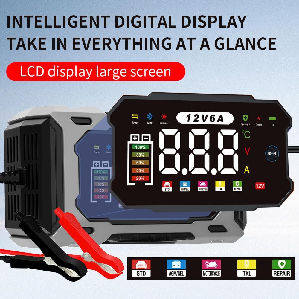 6-Amp 12V Smart Car Battery Charger, Battery Maintainer Trickle Charger with Desulfator
