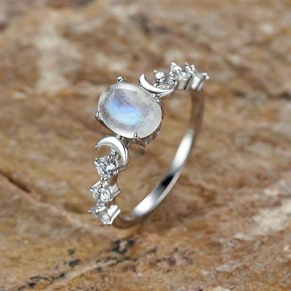 Genuine Moonstone Ring Oval Moonstone Cubic Zirconia Statement Band Finger Minimalist Ring