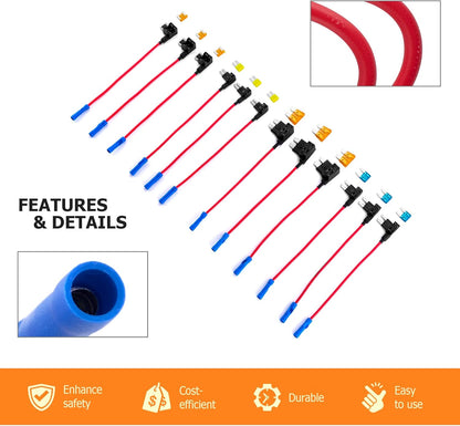 4 Types 12V Cars Add-a-Circuit and Fuse Kit - Dual-Slot Blade Fuse Holders（12Pack）