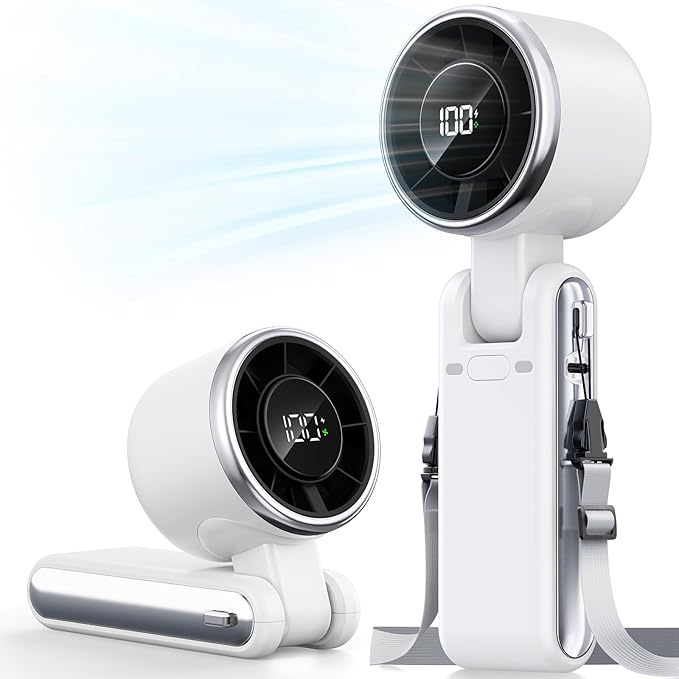 Portable Handheld Fan, 5-Speed Turbo Wind, Digital LED Display, 1800mAh Rechargeable Battery