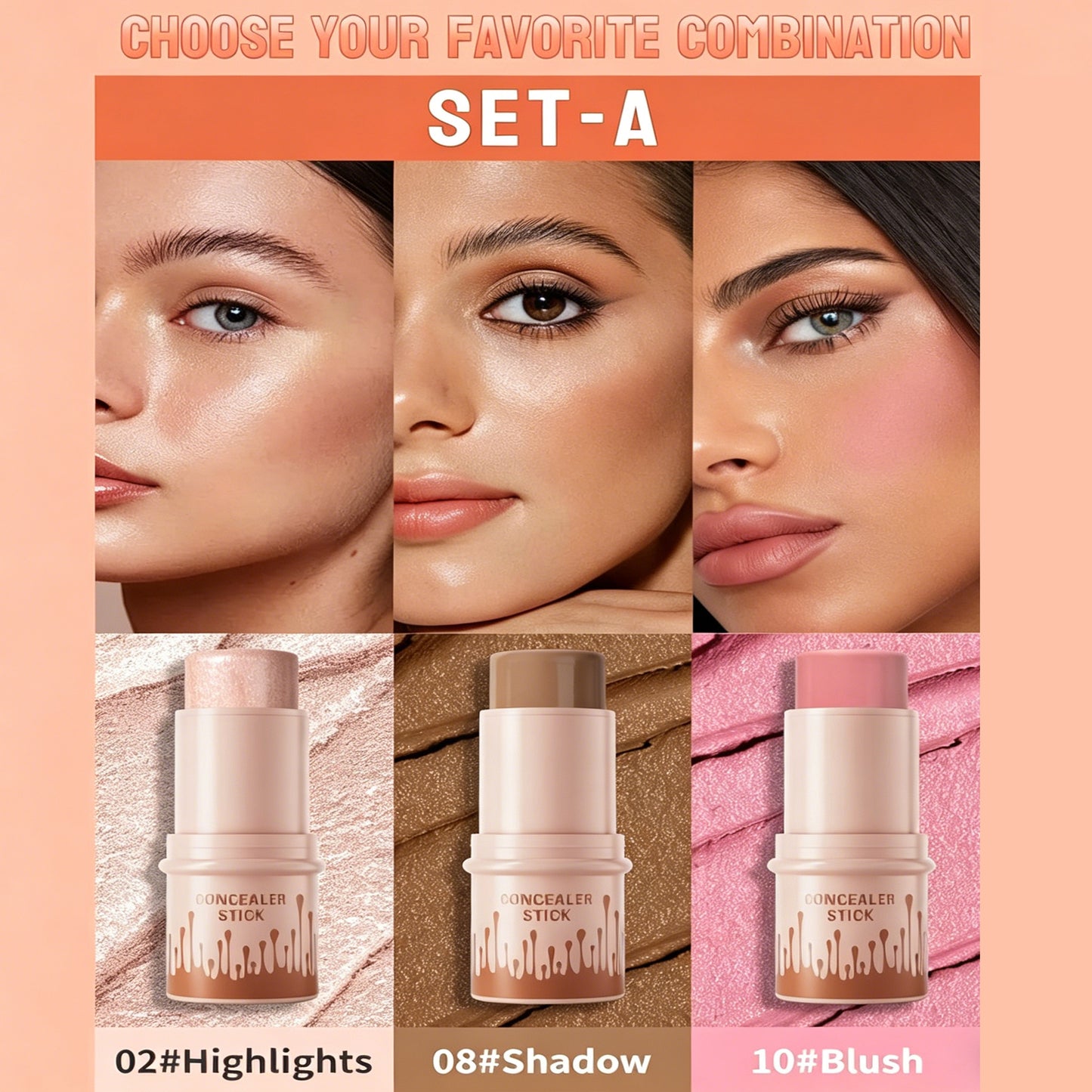 3pcs Long-Lasting Waterproof Contour Stick Set -  Cream Blush & Highlighter Bronzer Pen