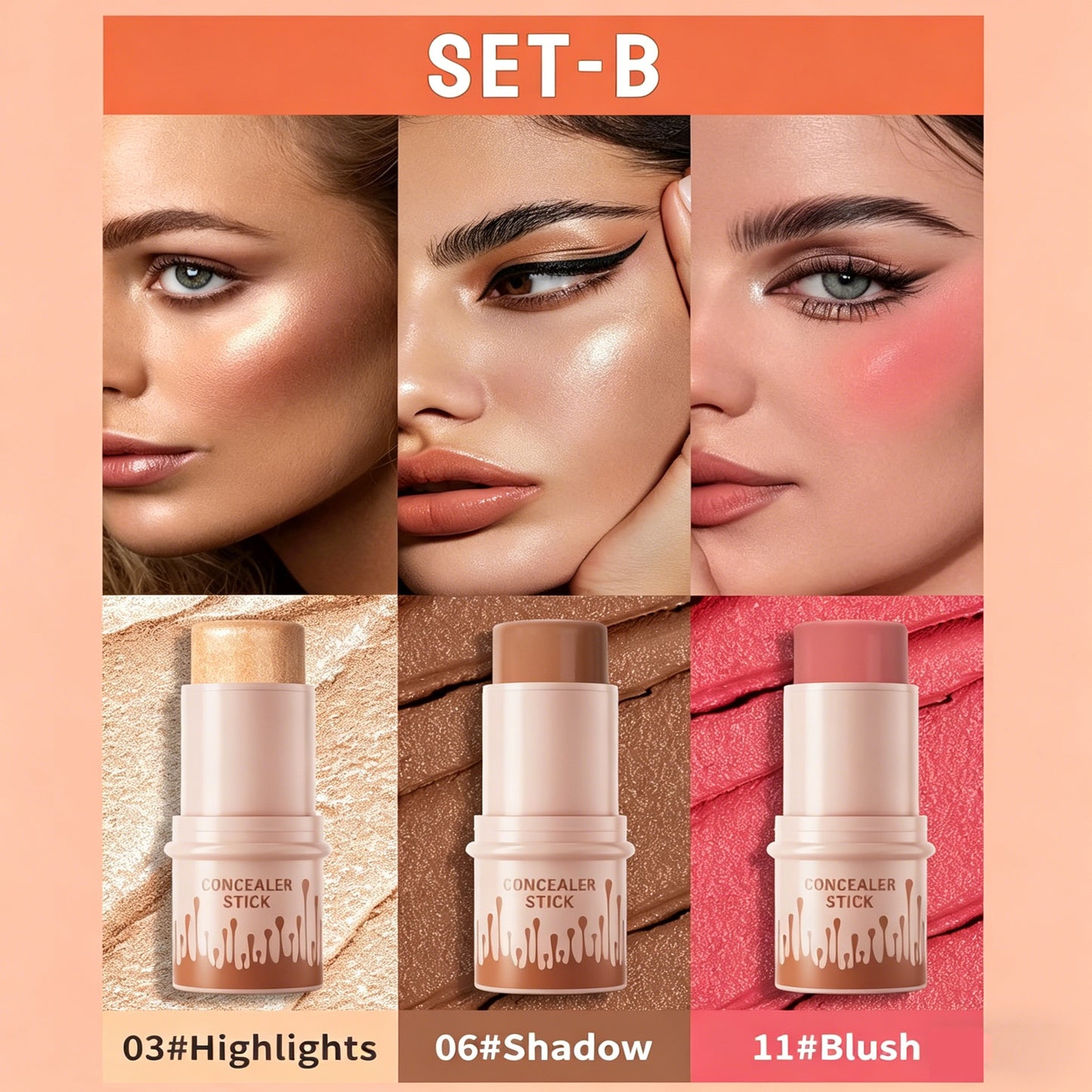 3pcs Long-Lasting Waterproof Contour Stick Set -  Cream Blush & Highlighter Bronzer Pen
