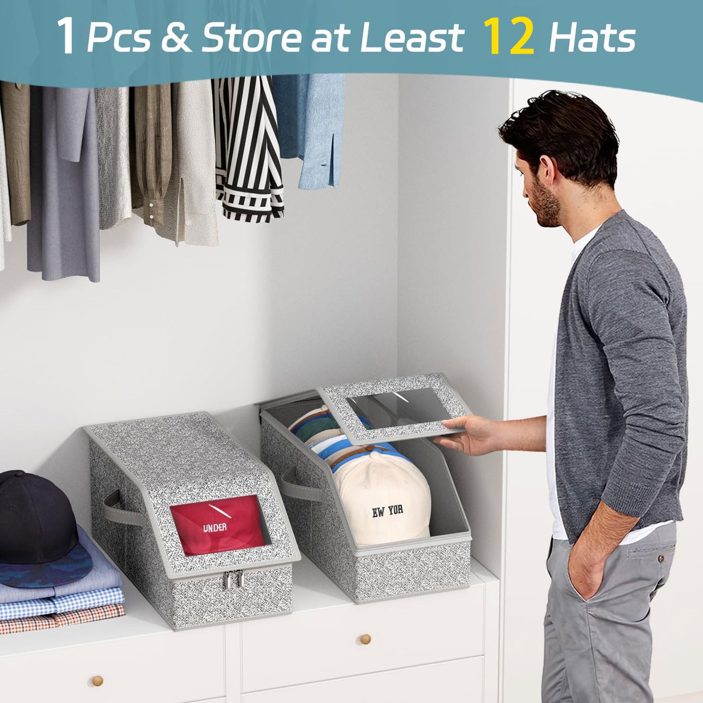Stackable Baseball Cap organizer, Holds Up to 12 Hats, A Wardrobe Hat Organizer