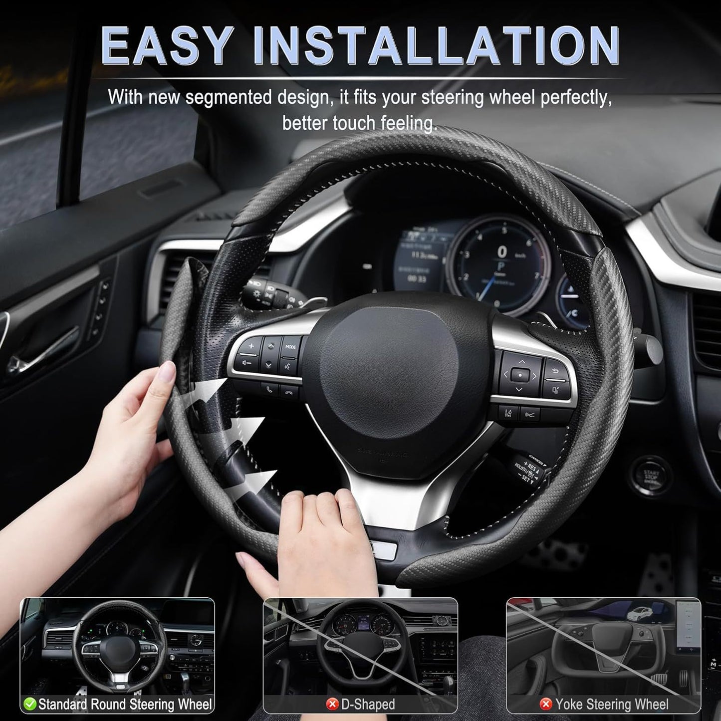 3pcs Universal Carbon Fiber Steering Wheel Cover - Anti-Slip & Segmented Design