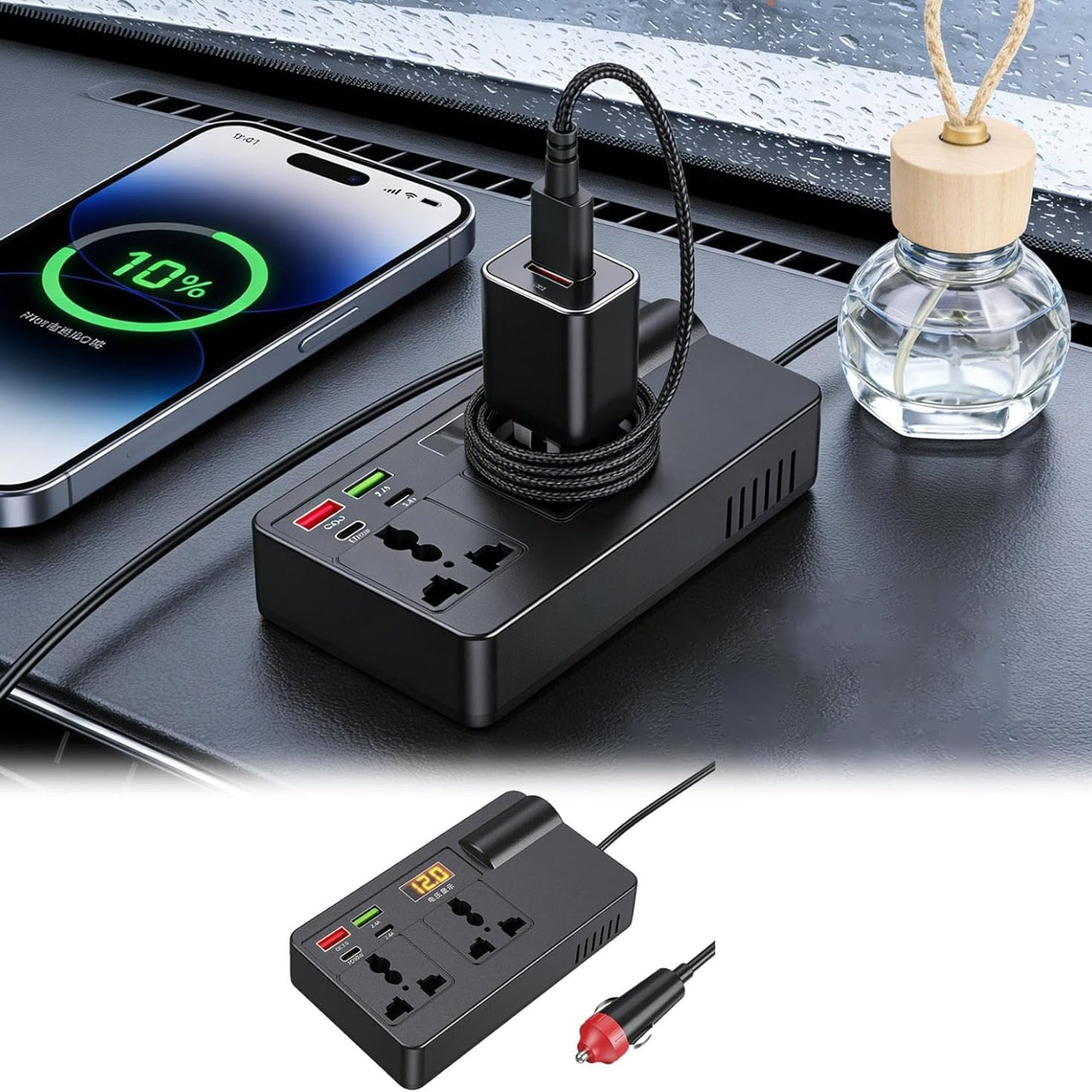 Portable Car Inverter, 12V/24V to 220V with Digital Display