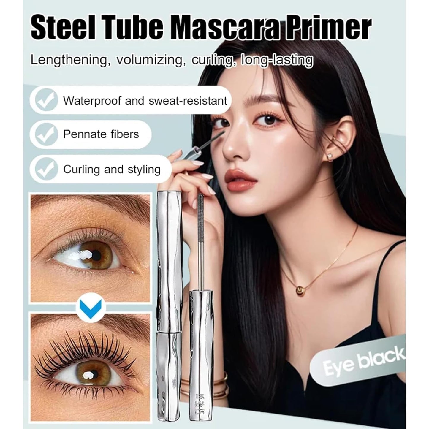 2Pcs Waterproof Mascara & Lash Primer in Steel Tube for 24H Curl, No Smudge