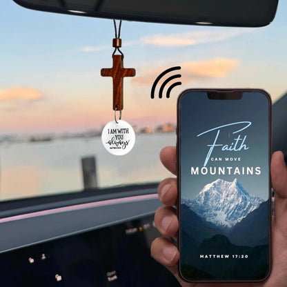 Daily Scripture Car Charm Hanging Cross for Car with “I Am with You Always” Medallion