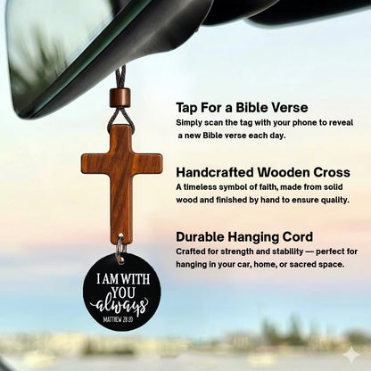 Daily Scripture Car Charm Hanging Cross for Car with “I Am with You Always” Medallion