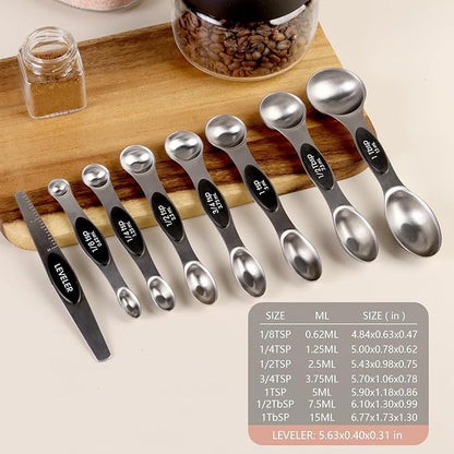 8Pcs Stainless Steel Magnetic Measuring Spoons Set of 8 with Leveler, Dual Sided Metal Tablespoon Measuring Spoons