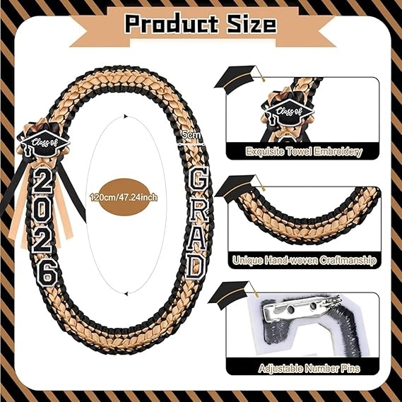 Graduation Leis Class of 2026 Grad Handmade Ribbon Lei Double Braided Ribbon Necklace with Grad Letters,47.2Inch
