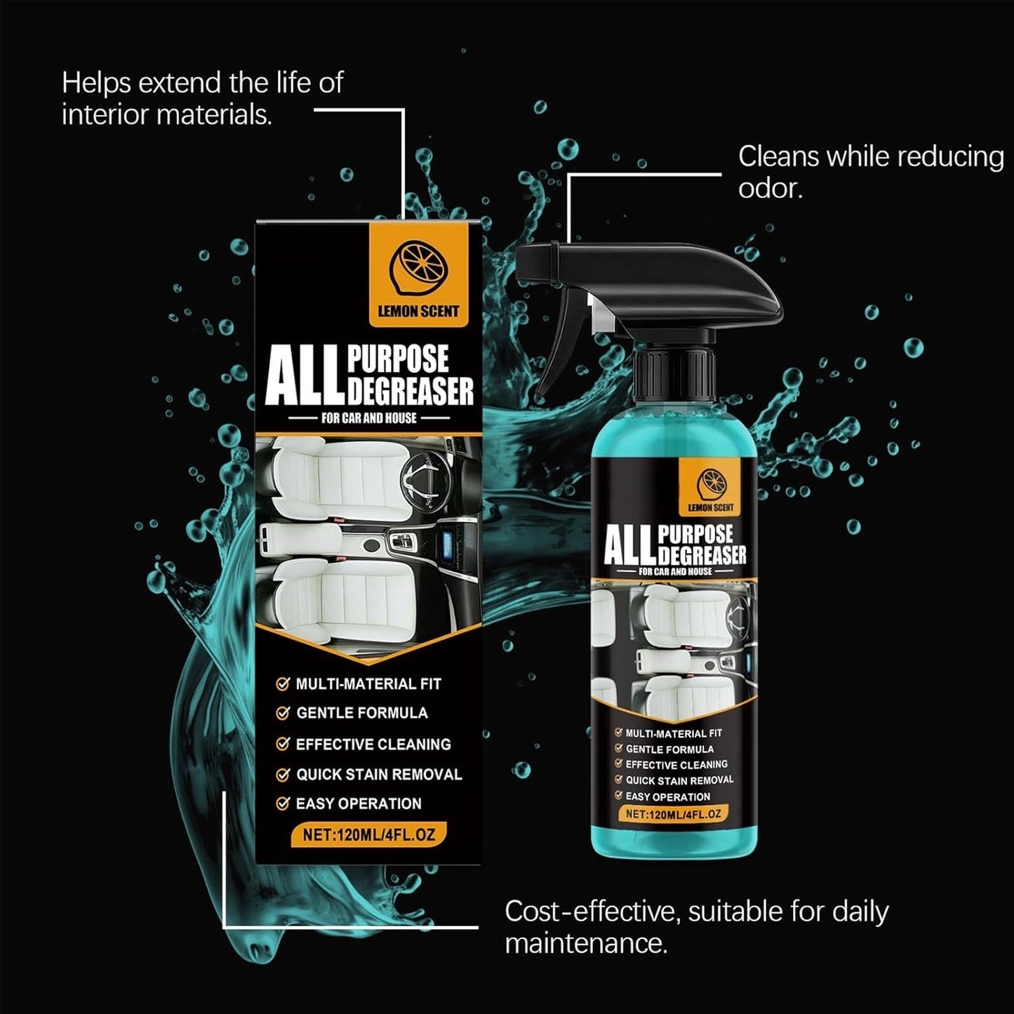 All Purpose Degreaser - Lemon Scent, Car Interior Cleaner, Quick Stain Removal for Automotive, Household