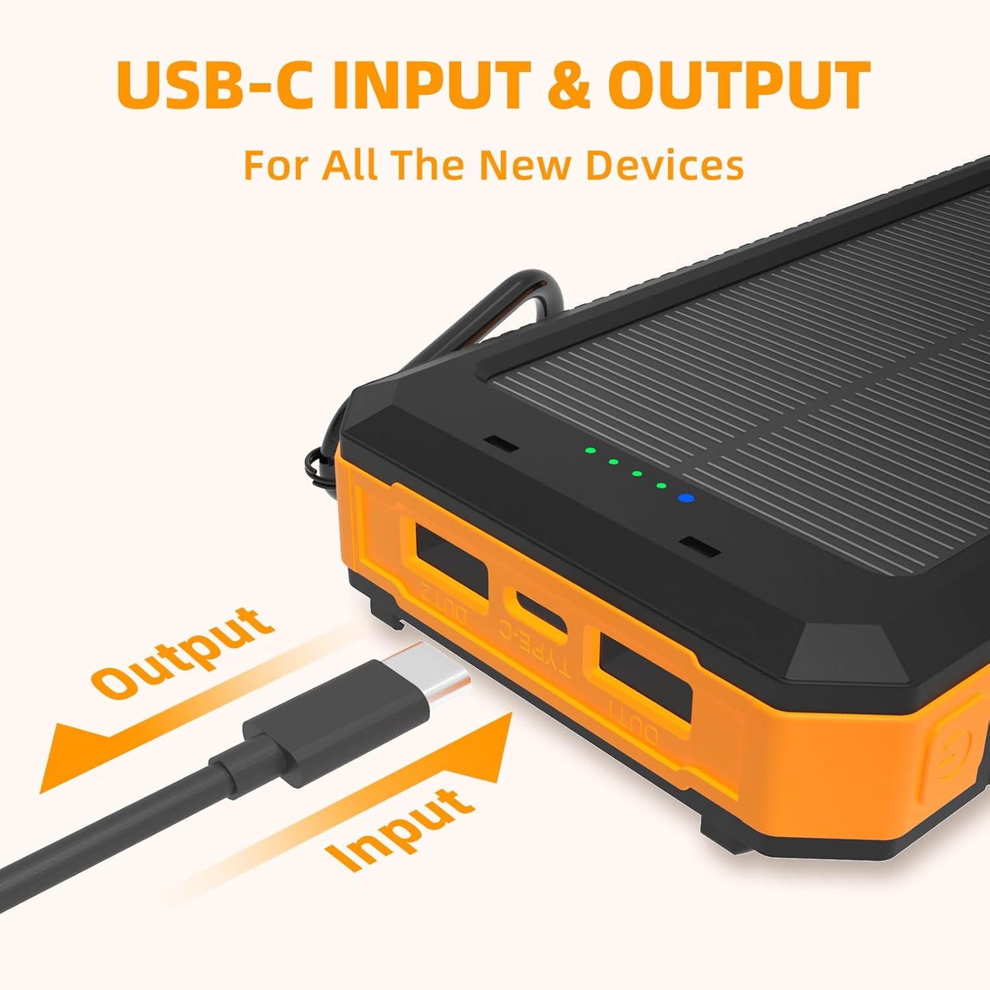 20000mAh Portable Type-C Solar Power Bank for All Cell Phones - Waterproof Battery Pack,  Three Outputs/LED Flashlights
