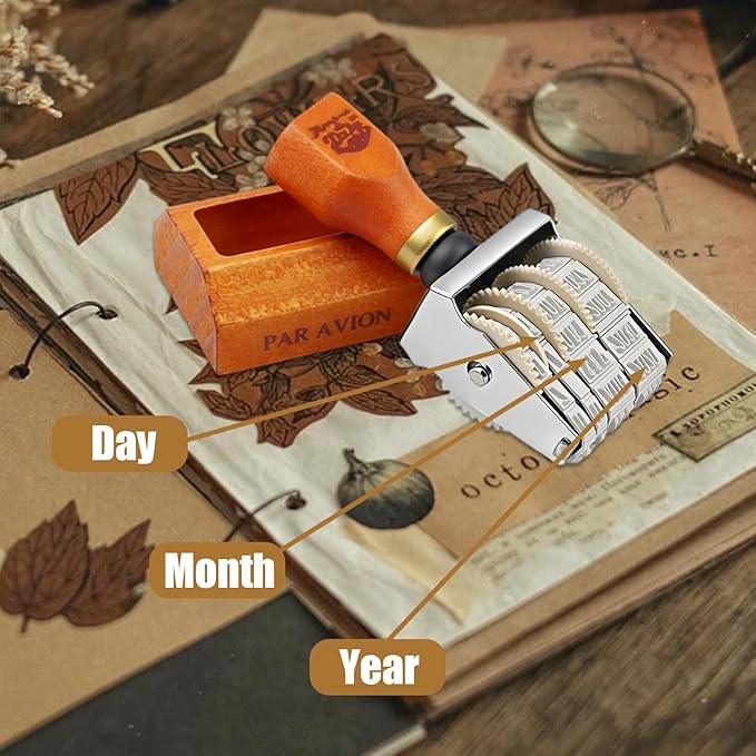 Adjustable Roller Date Stamp 2025-2036 - Retro Small Date Stamper, Rubber Stamp with Wooden Handle & Base