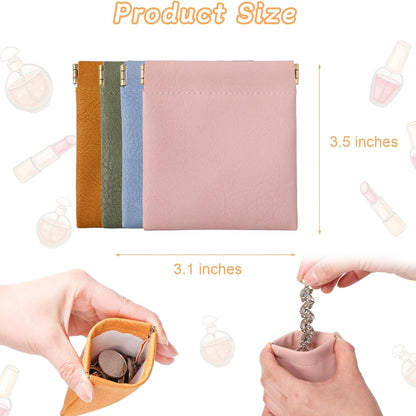 4Pack/set Squeeze Coin Pouches, 3.5x3.1 inch PU Leather Mini Change Pouch for Coins