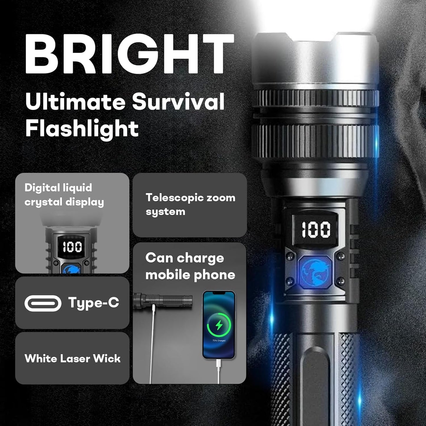 Digital Display High-Power Flashlight - USB Rechargeable, for Outdoor Emergency Lighting