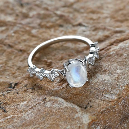 Genuine Moonstone Ring Oval Moonstone Cubic Zirconia Statement Band Finger Minimalist Ring