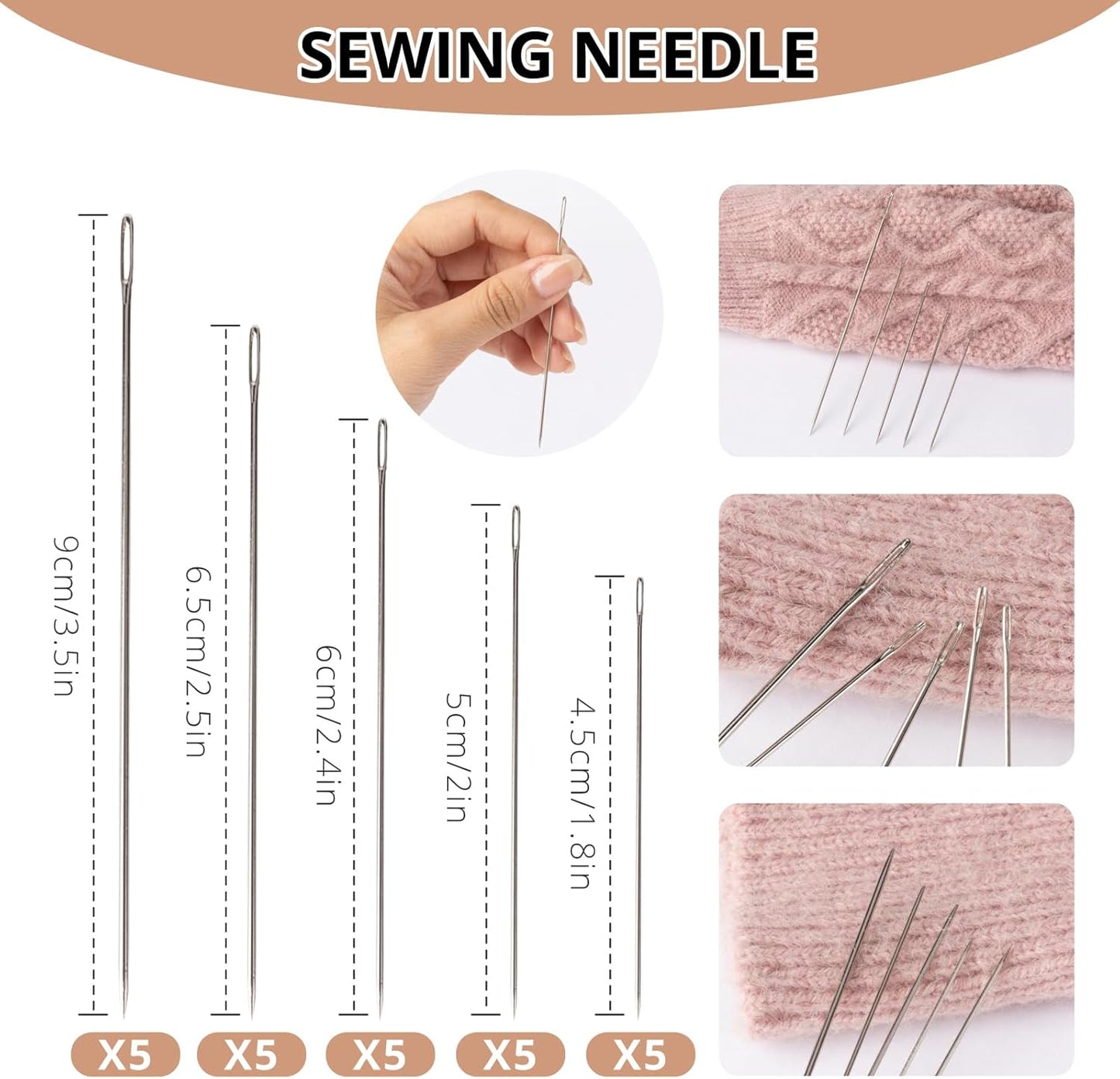 36PCS Big Eye Steel Sewing Needles Kit with Threadripper, Needle Threaders, Threads and Thimbles