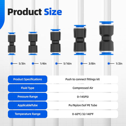 80Pcs Quick Connect Air Hose Fittings 5/32" 1/4" 5/16" 3/8" 1/2" inch Straight Push to Connect Fittings Kit