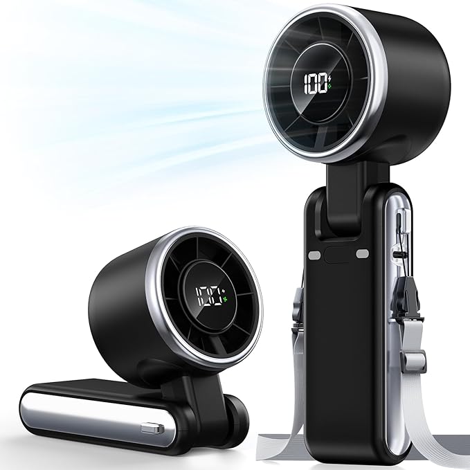 Portable Handheld Fan, 5-Speed Turbo Wind, Digital LED Display, 1800mAh Rechargeable Battery