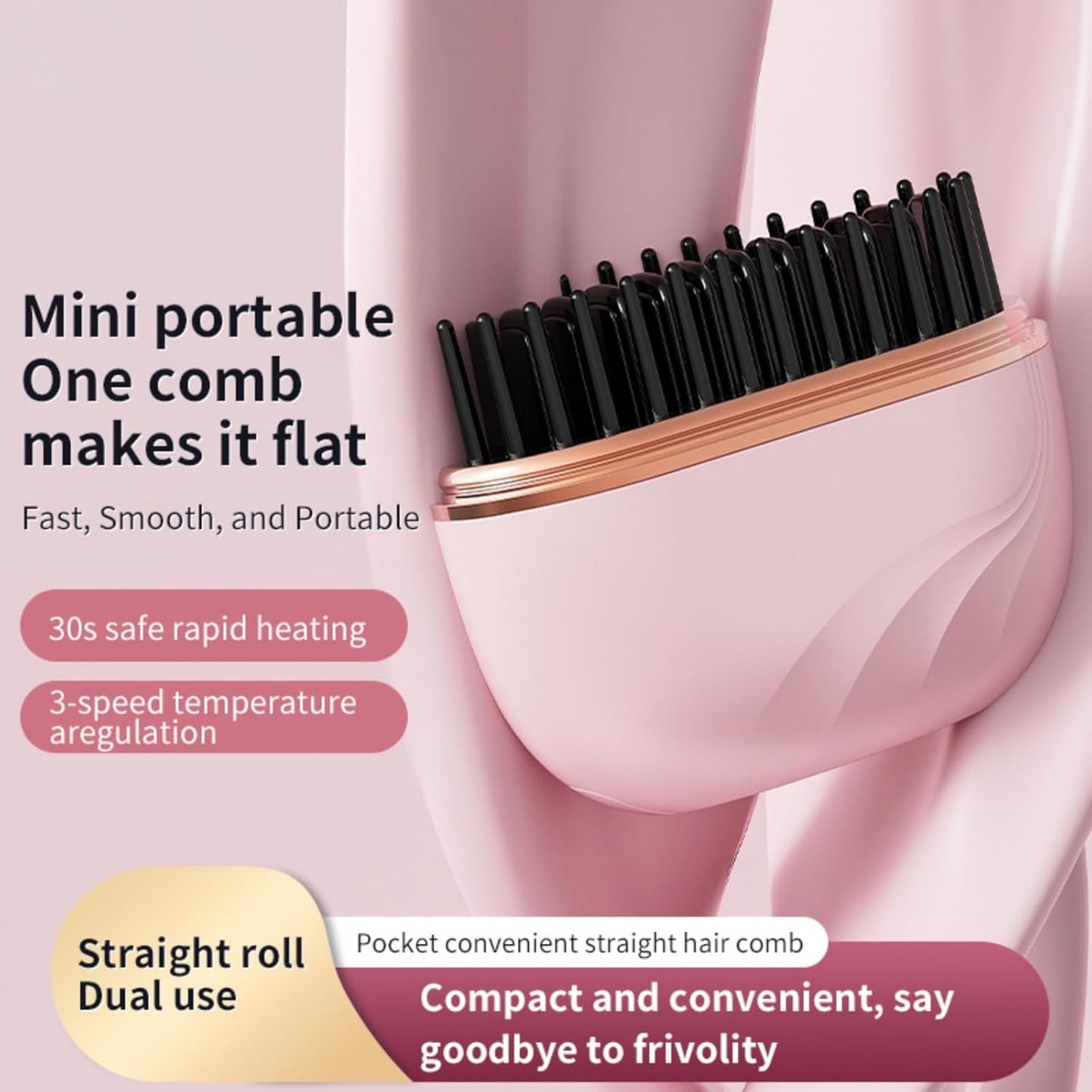 Mini Hair Straightener Comb - Negative Ion Cordless Hot Comb for Women and Girls