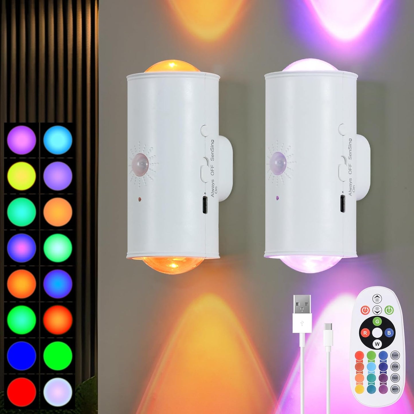 LED Wireless Wall Sconce with Remote, 16 Colors Changing, Motion Sensor