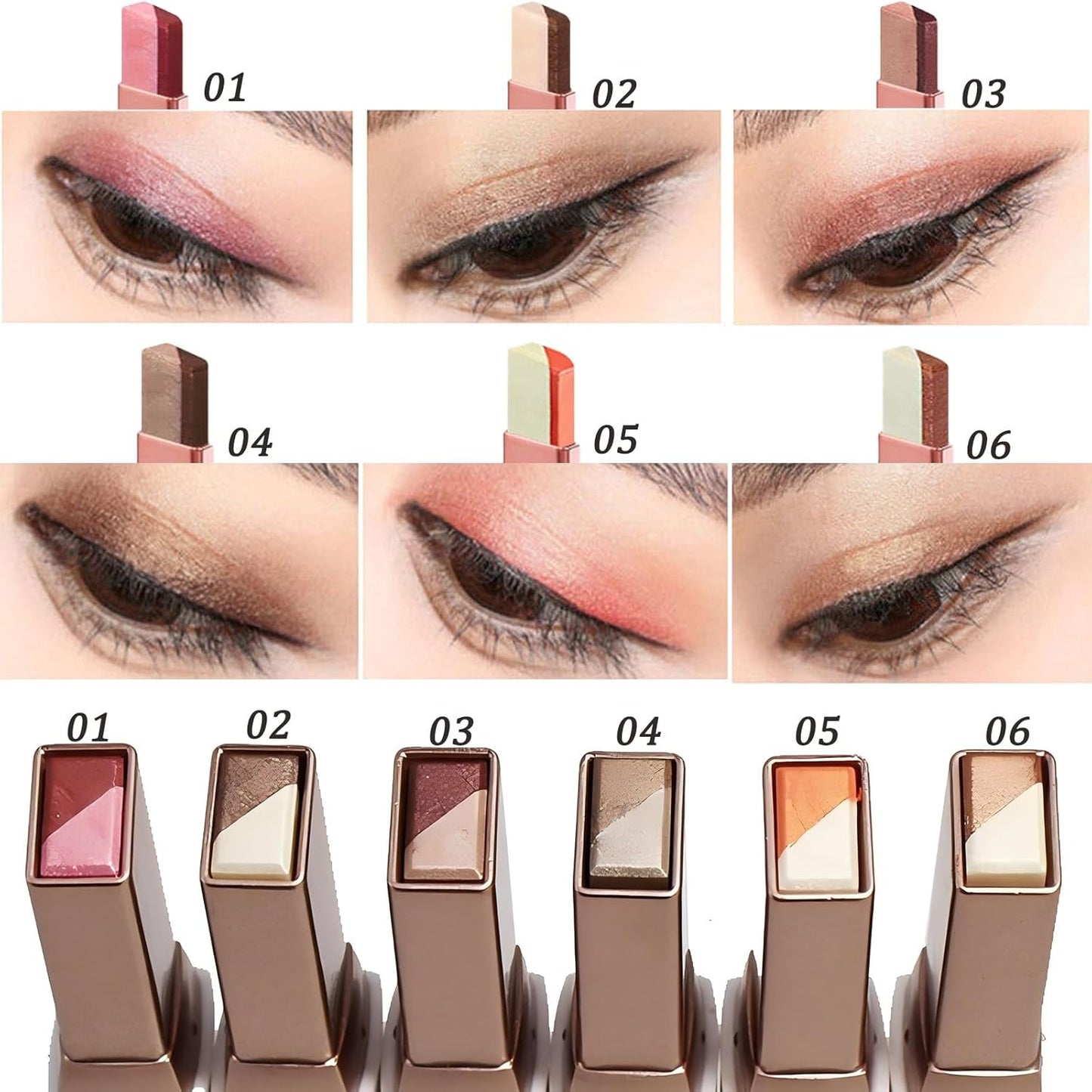 6 Pcs Shimmery Eyeshadow Stick Two Color Eye Glitter Shadow Pencils with Waterproof and Retractable Eye Shadow