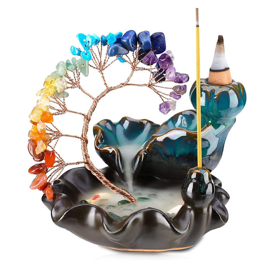 7 Chakra Waterfall Fountain Crystal Tree for Luck Incense Burner Holder