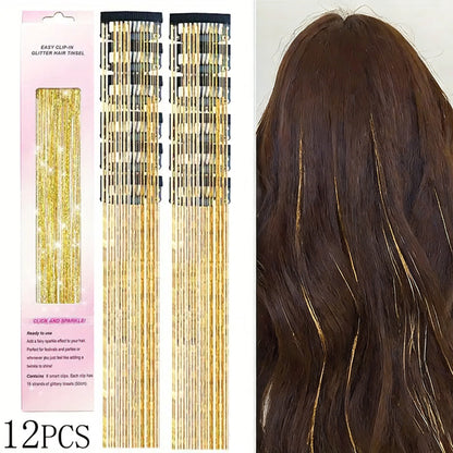 Clip in Hair Tinsel, 12 Pcs 20 Inch Colorful Glitter Hair Extensions Kit