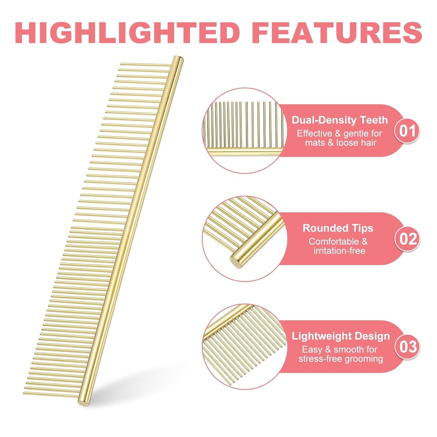 Pet Combs Stainless Steel Teeth with Rounded Ends for Knots Mats Loose Hair Removal