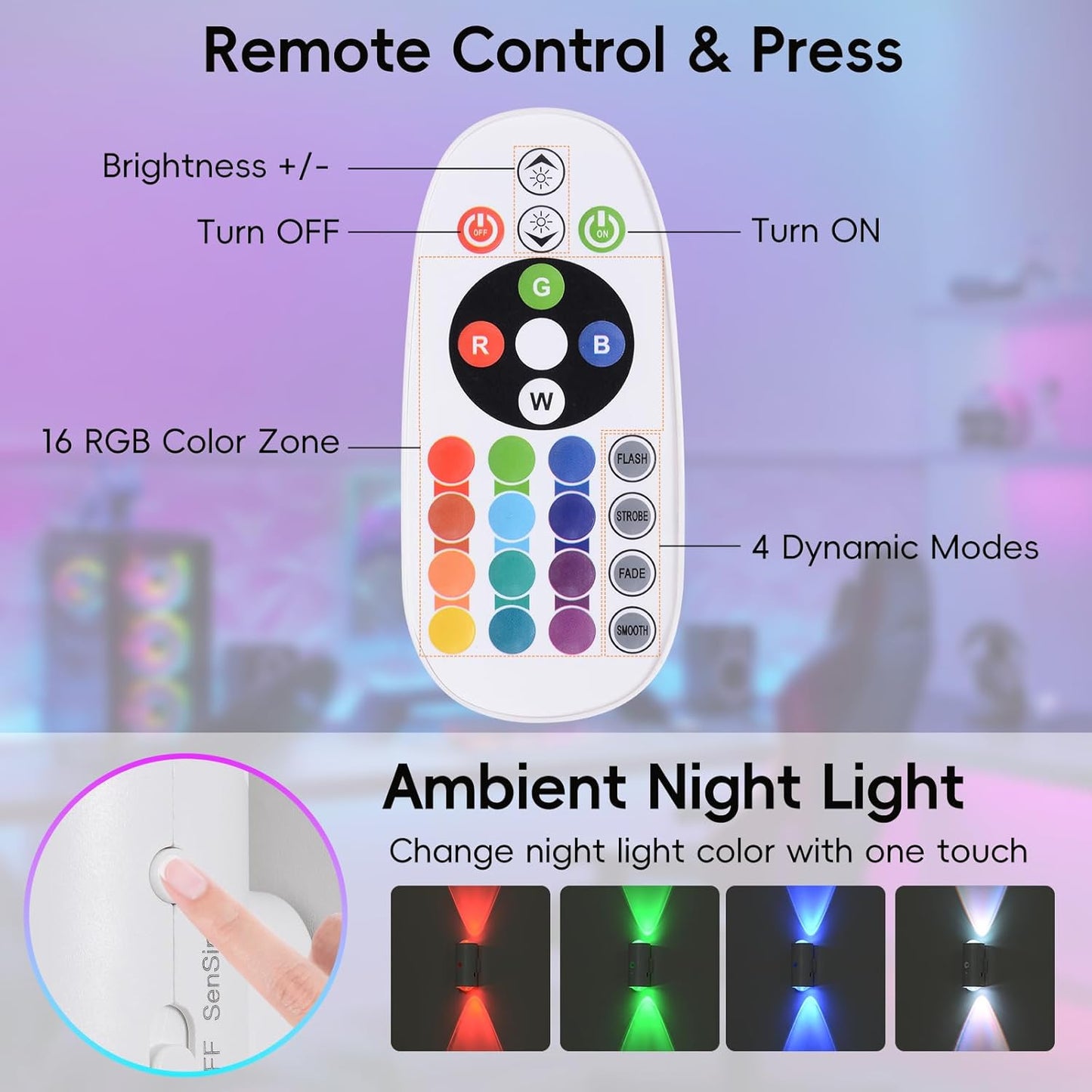 LED Wireless Wall Sconce with Remote, 16 Colors Changing, Motion Sensor