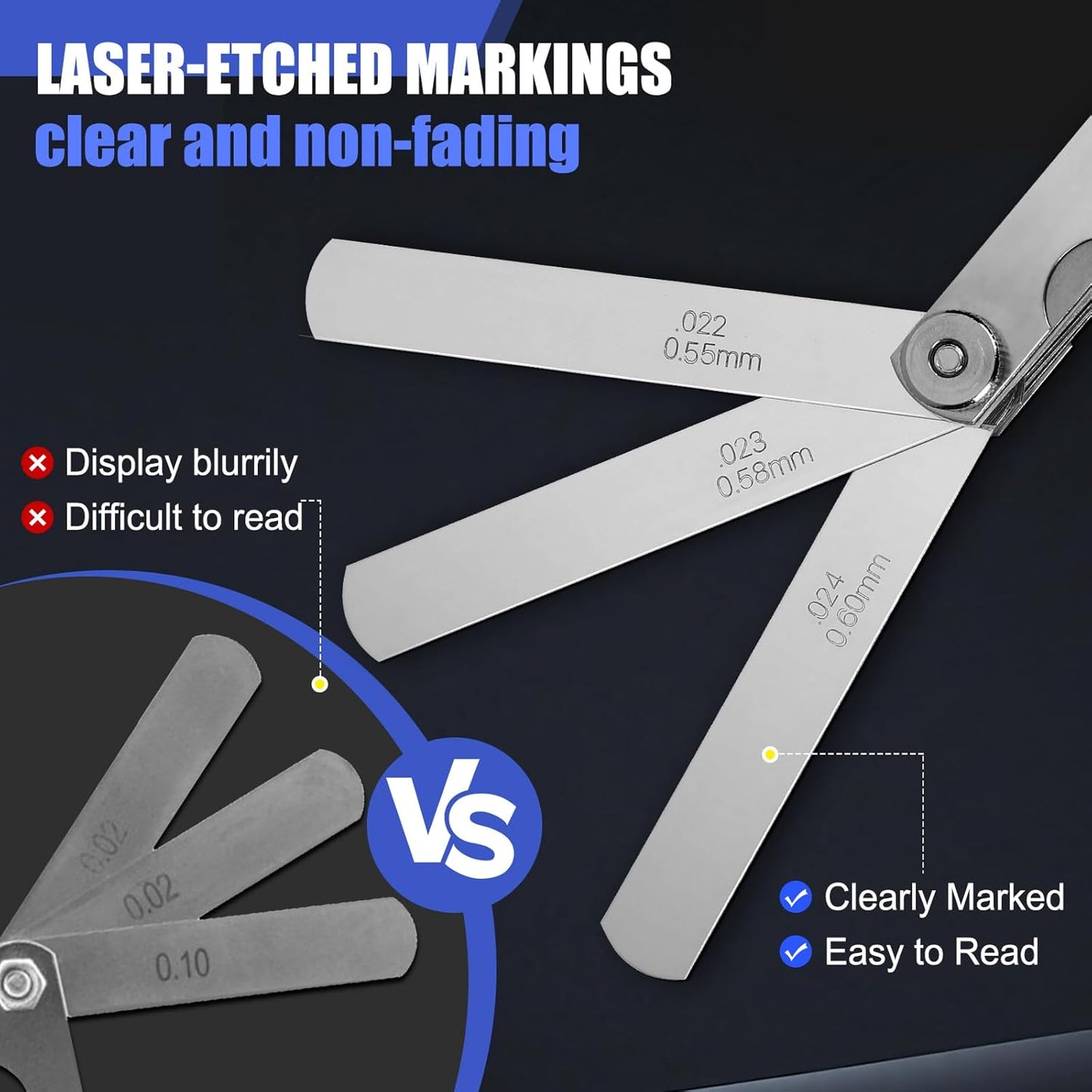 2Pcs High-Precision Feeler Gauge Set - 32-Blade Straight and 16-Blade Offset Filler Gauge, Dual Marked SAE & Metric Stainless Steel Feeler Gauges for Valves, Spark Plug, Engine, Guitar Setup