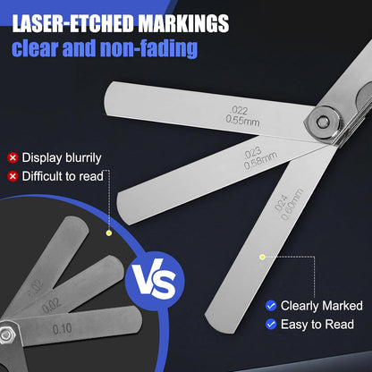 2Pcs High-Precision Feeler Gauge Set - 32-Blade Straight and 16-Blade Offset Filler Gauge, Dual Marked SAE & Metric Stainless Steel Feeler Gauges for Valves, Spark Plug, Engine, Guitar Setup