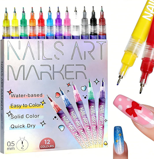 Quick-Dry Nail Art Pens for Painting Nails 0.5mm Fine Tip for Painting Nails, Dotting & Drawing Designs (12-Color Kit)