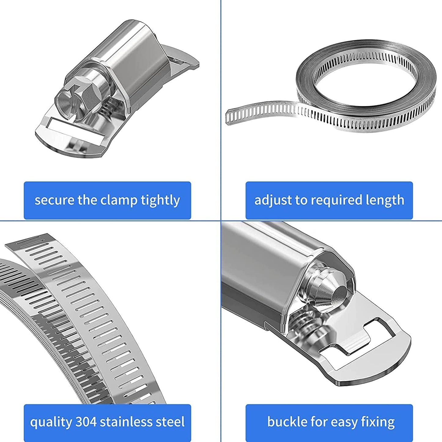 9.84 Feet Stainless Steel Hose Clamp Strap with 6Pcs Fasteners Clamps Worm Adjustable