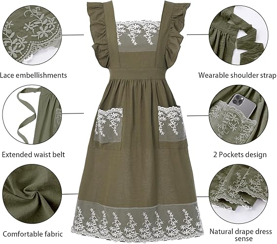 Vintage Apron for Women with Pockets, Lace Cute Cotton Linen Cross Back Apron