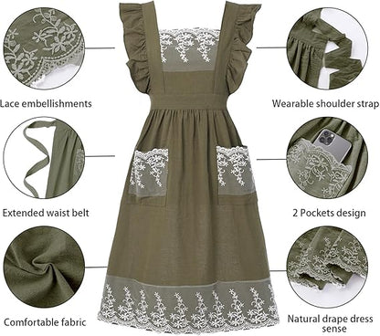 Vintage Apron for Women with Pockets, Lace Cute Cotton Linen Cross Back Apron