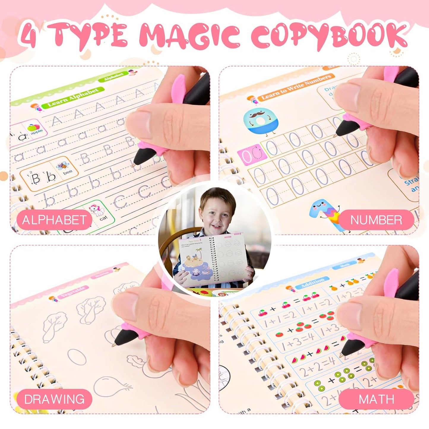 4-Pack Reusable Magic Grooved Practice Copybooks for Kids