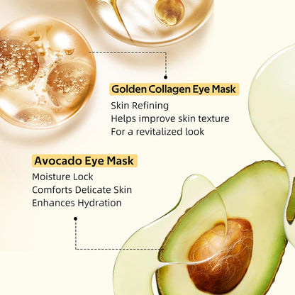 Avocado & Gold Hydrogel Eye Mask Set - Collagen Under Eye Patches to Reduce Puffiness, Dark Circles & Wrinkles