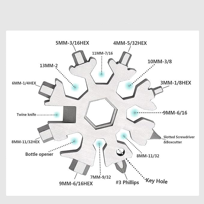 18-in-1 Snowflake Multi Tool, Stainless Steel Pocket Tool with Bottle Opener