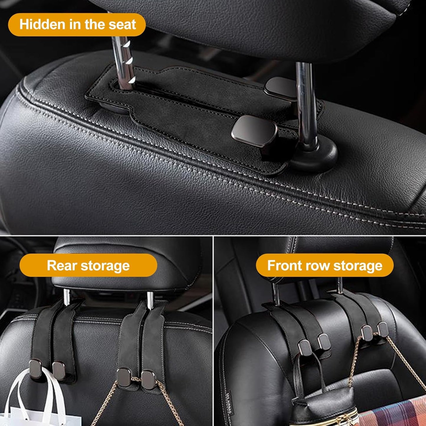 2 Pack Car Headrest Hooks - Premium Leather Seat Holder for Purses and Bags