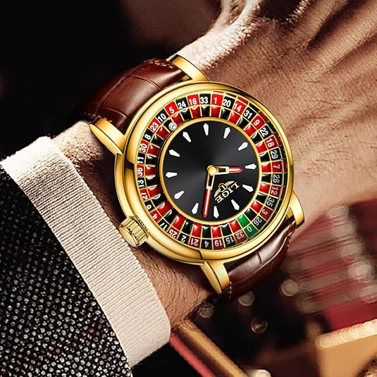 Unique Luxury Quartz Analog Roulette Leather Watch for Men