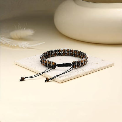 Adjustable Size 7-8 Inches Protection Bracelet for Men - Natural Tiger's Eye & Hematite Gemstone