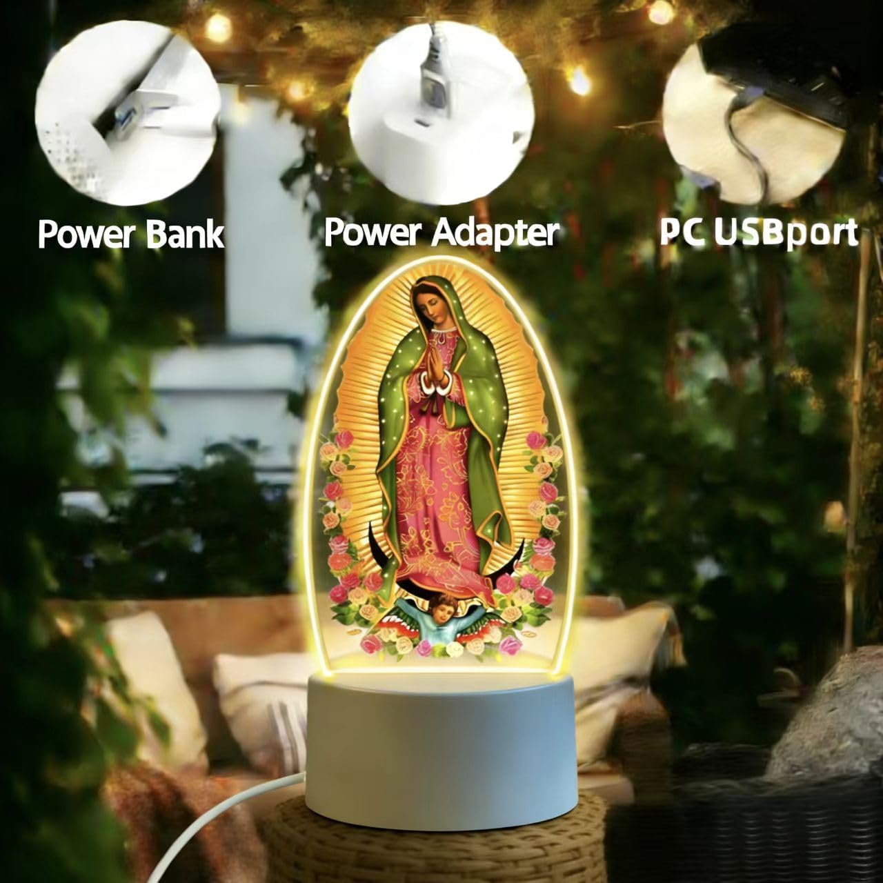 Guadalupe Virgin Prayer Lamp, USB Powered Warm Light