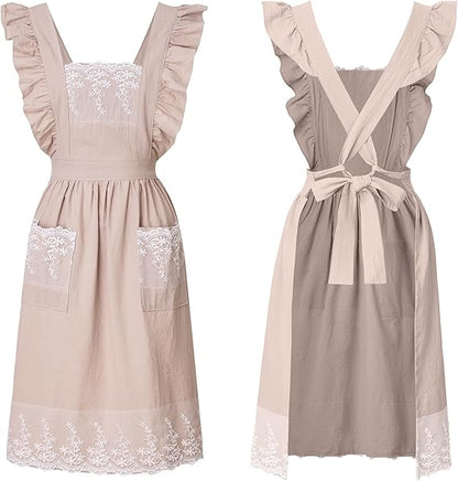 Vintage Apron for Women with Pockets, Lace Cute Cotton Linen Cross Back Apron