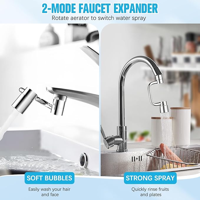 Universal Sink Faucet 360° Rotatable Faucet Aerator Extension,  2 Modes Adjustable U Shaped Faucet Extender