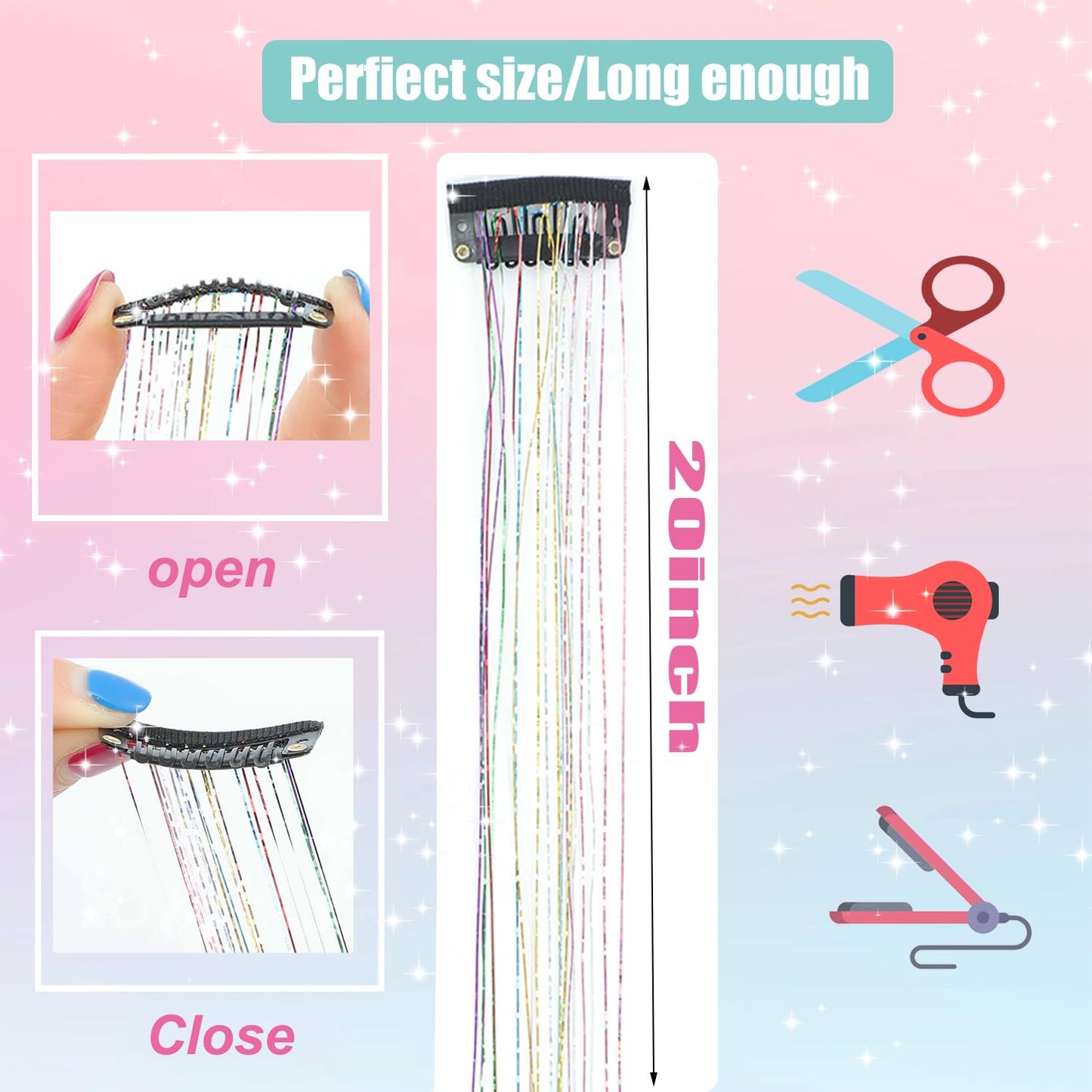 Clip in Hair Tinsel, 12 Pcs 20 Inch Colorful Glitter Hair Extensions Kit