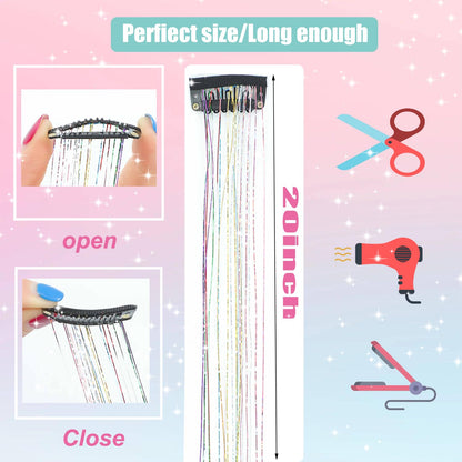 Clip in Hair Tinsel, 12 Pcs 20 Inch Colorful Glitter Hair Extensions Kit